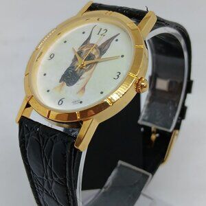 Great Dane 33mm Women's Gold Tone Black Leather Band Dog Watch